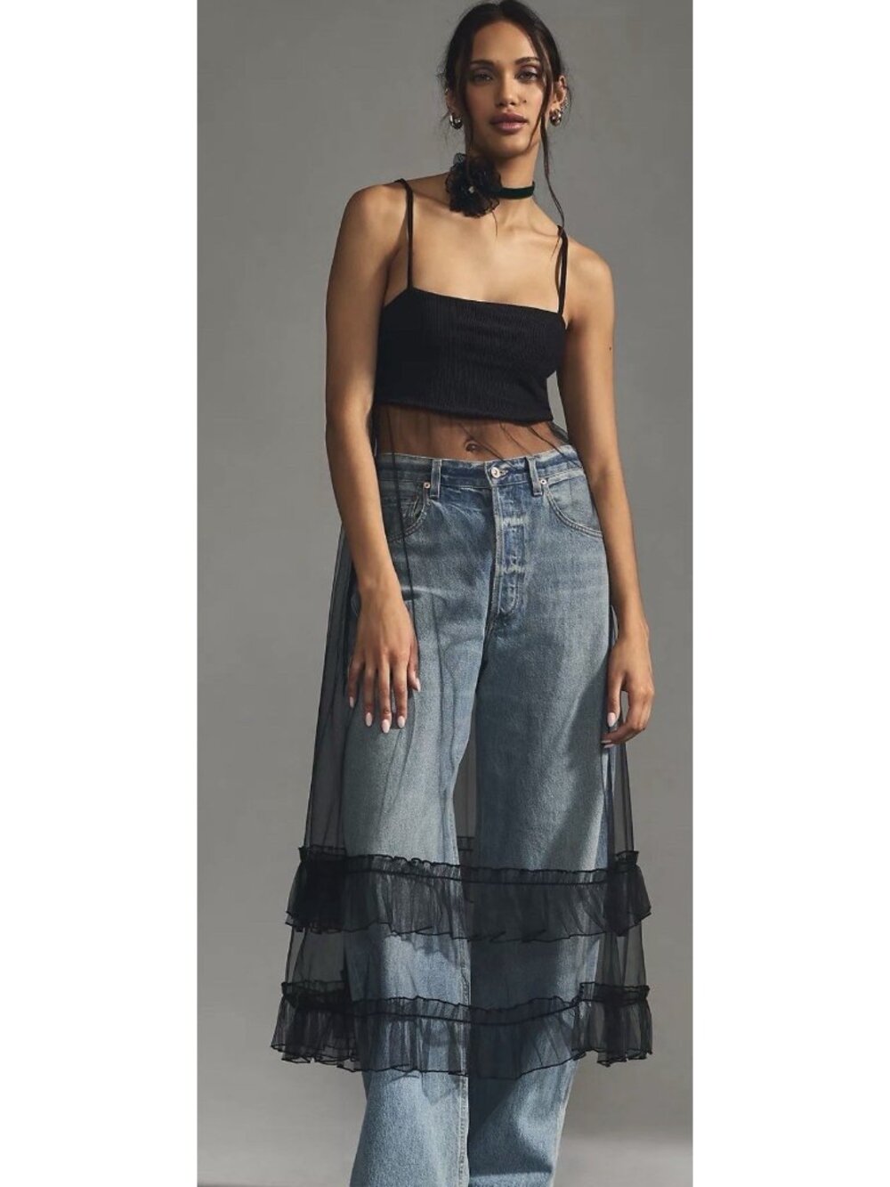 Anthropologie Black Sheer Mesh Ruffle Maxi Dress Cover Up Women’s Size S